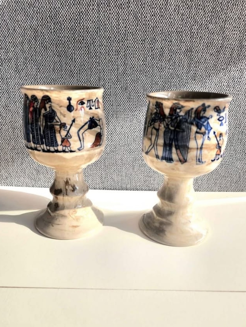 Vintage Hand-Painted Egyptian-Inspired Ceramic Goblet Pair